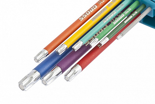 Набор ключей имбусовых TORX-TT, 9 шт: T10-T50, магнит, S2, экстра-длин., хром/краска 9 шт.// Gross Набор ключей имбусовых TORX-TT, 9 шт: T10-T50, магнит, S2, экстра-длин., хром/краска 9 шт.// Gross